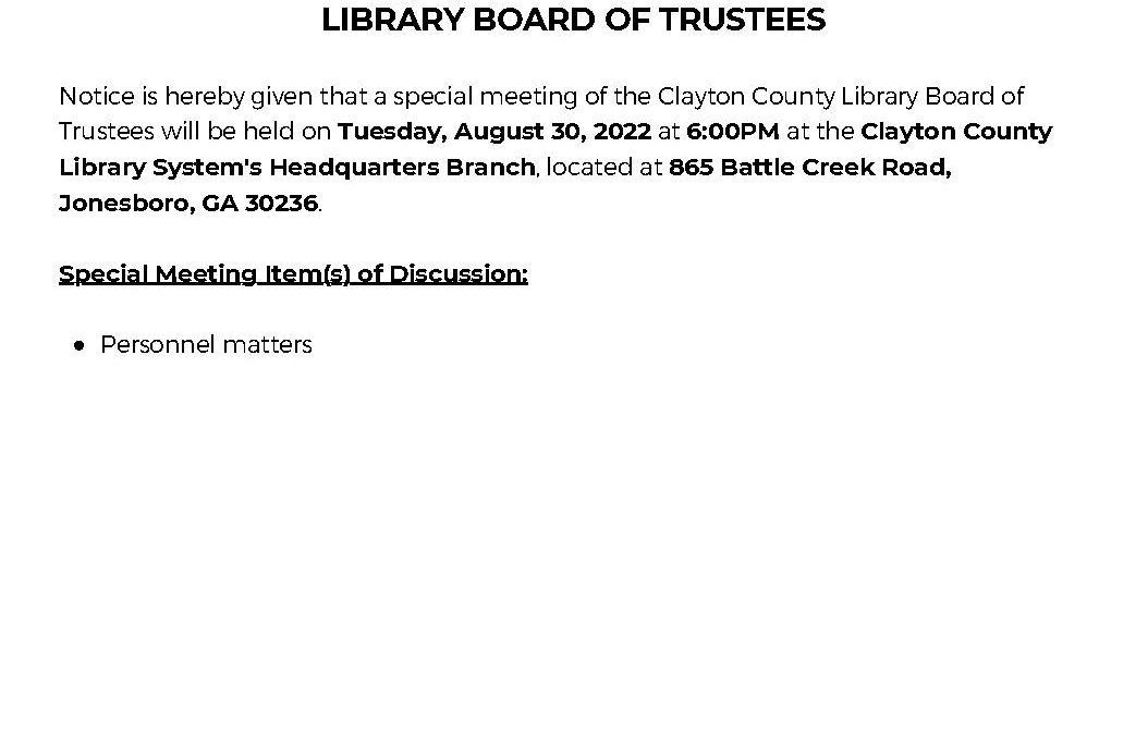 Notice of Special Meeting of the Library Board of Trustees