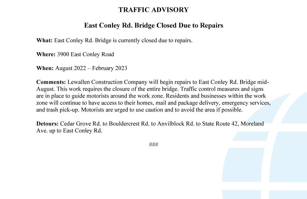 East Conley Road Bridge Closed Due to Repairs