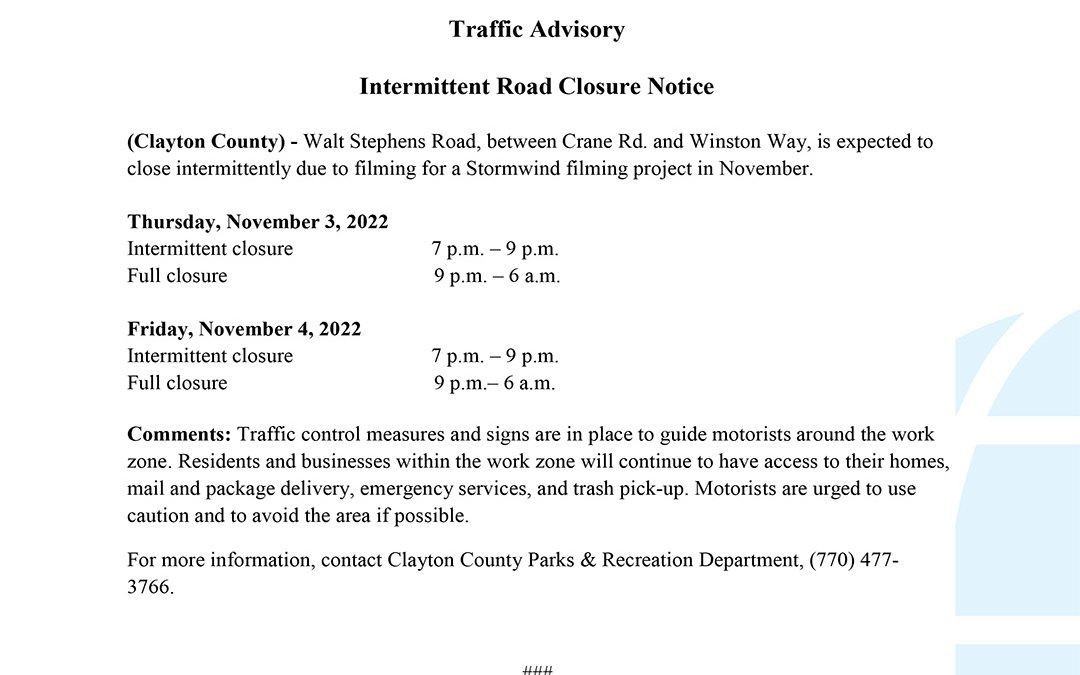 Traffic Advisory: Intermittent Road Closure Notice