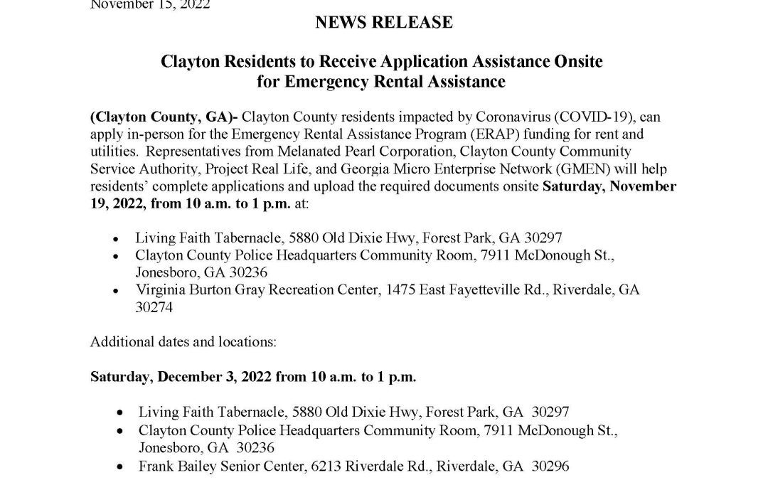 NEWS RELEASE: Clayton Residents to Receive Application Assistance Onsite for Emergency Rental Assistance