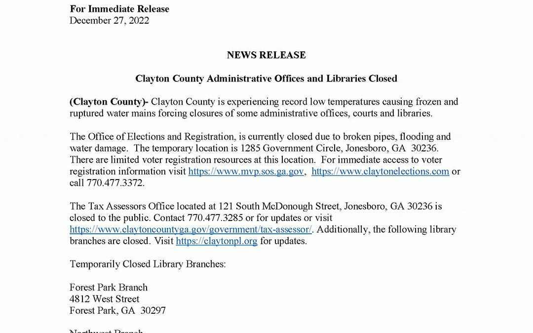 News Release: Clayton County Administrative Offices and Libraries Closed