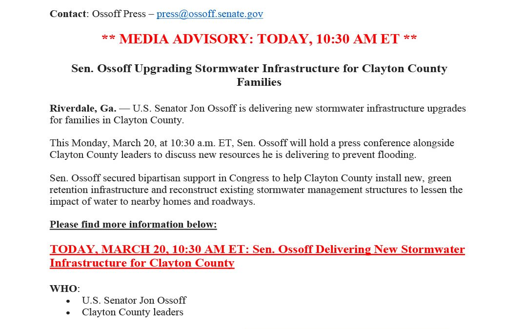 Sen. Ossoff Upgrading Stormwater Infrastructure for Clayton County Families