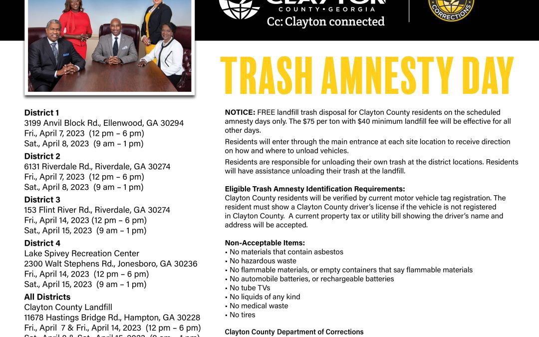 Clayton County Board of Commissioners to Host 2023 Trash Amnesty Days in April (District 4 Location Change)
