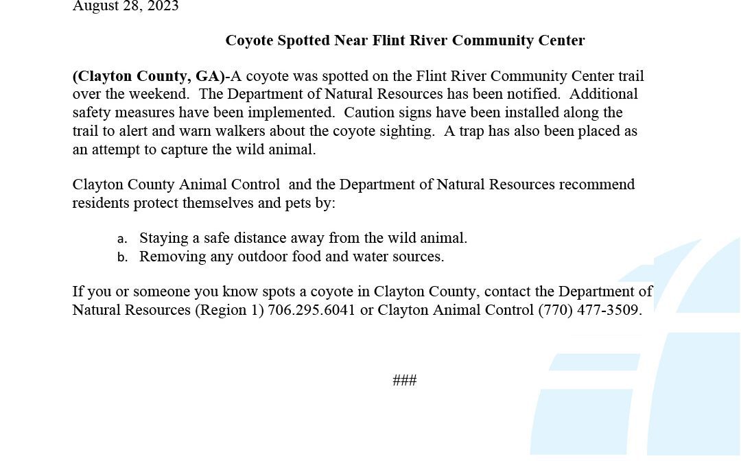 Coyote Spotted Near Flint River Community Center