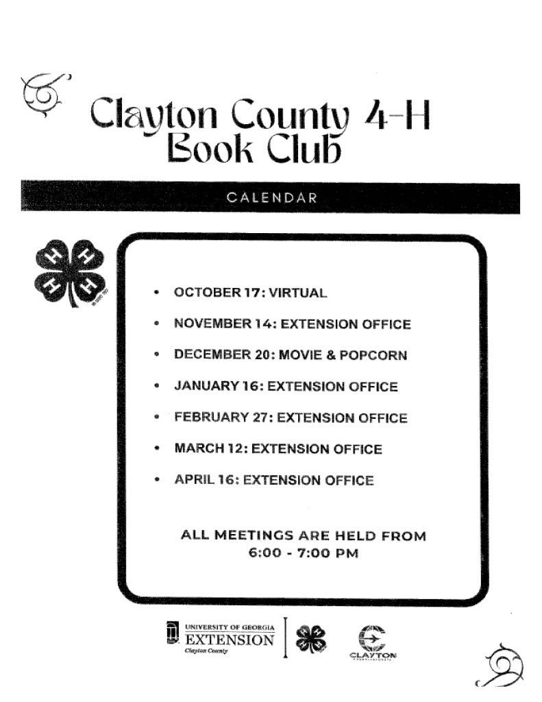 4-H Book Club Calendar